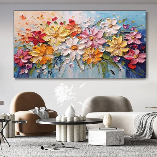 Colorful Spring Flowers Knife Thick Canvas Wall Art Original Artwork Handmade White Florals Oil Painting Beautiful Decor A breathe of home