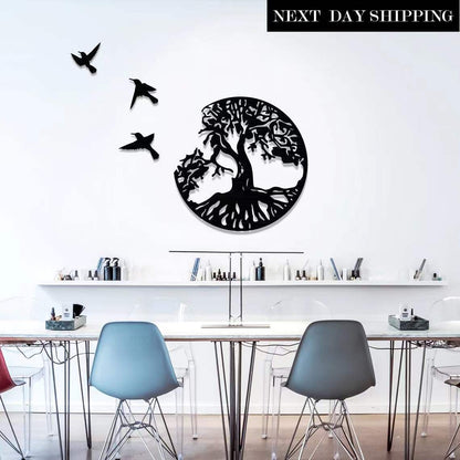 Abreathofhome Decorative Iron Wall Art Wall Hanging featuring a tree and birds in a contemporary office setting.