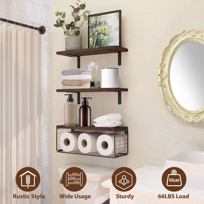 2 In 1 Floating Shelves Wall Mounted With Storage Basket Bathroom Shelves Over Toilet Wooden Shelves For Bedroom Living Room Kitchen Office Wall Decor Plants A breathe of home
