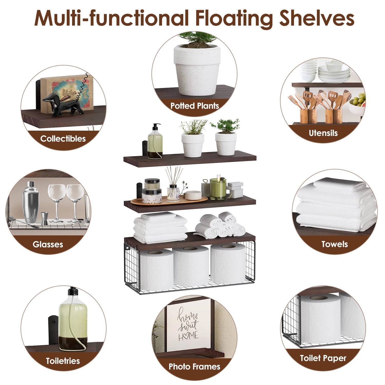 2 In 1 Floating Shelves Wall Mounted With Storage Basket Bathroom Shelves Over Toilet Wooden Shelves For Bedroom Living Room Kitchen Office Wall Decor Plants A breathe of home