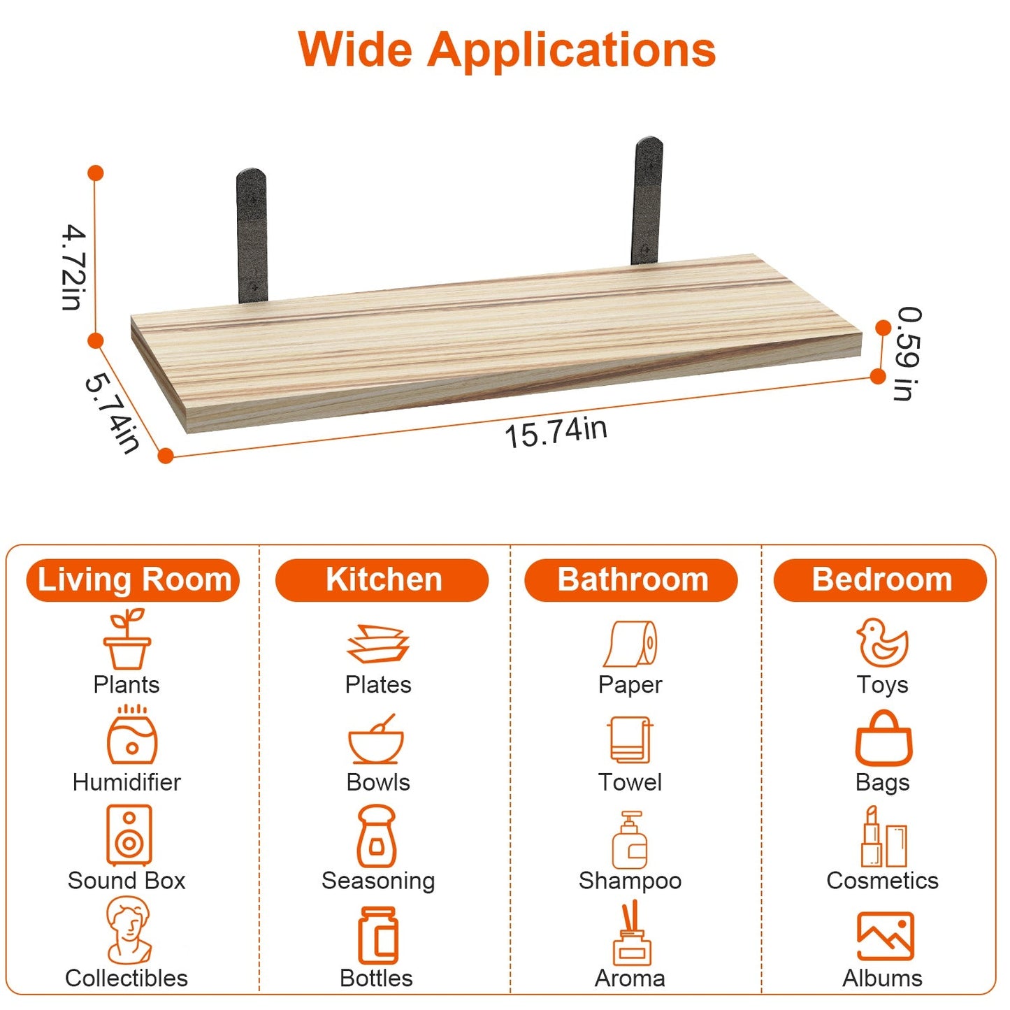 6 Sets Floating Shelves 15.74x5.74Inch Wall Mounted Shelves Wood Storage Shelves Metal Bracket Hanging Display Shelf Wall Organizer For Living Room Bathroom Kitchen Decor A breathe of home
