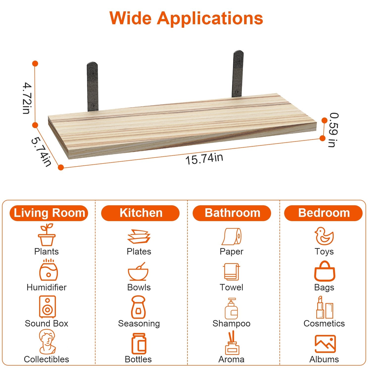6 Sets Floating Shelves 15.74x5.74Inch Wall Mounted Shelves Wood Storage Shelves Metal Bracket Hanging Display Shelf Wall Organizer For Living Room Bathroom Kitchen Decor A breathe of home