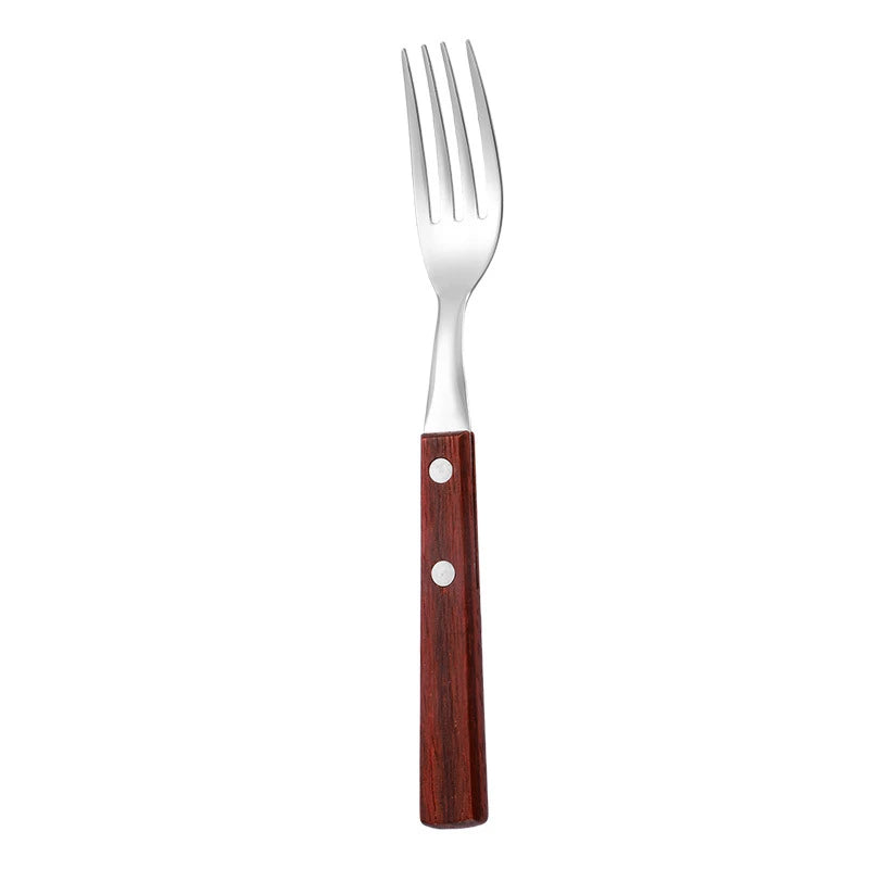 Stainless steel cutlery with wood handles – reusable knife, fork, and spoon for home or on the go