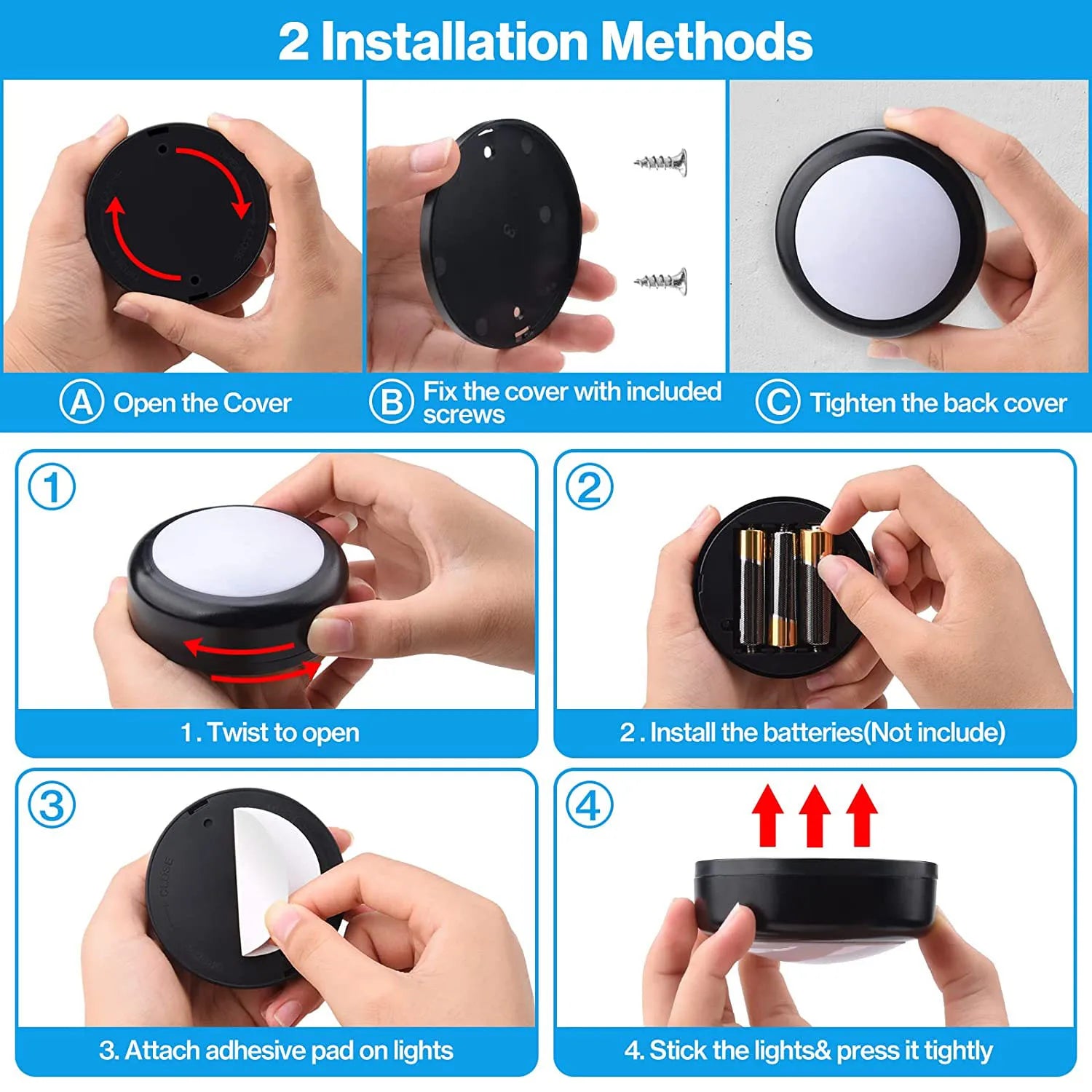 Wireless LED puck lights – dimmable, remote-controlled, perfect for cabinets and closets.