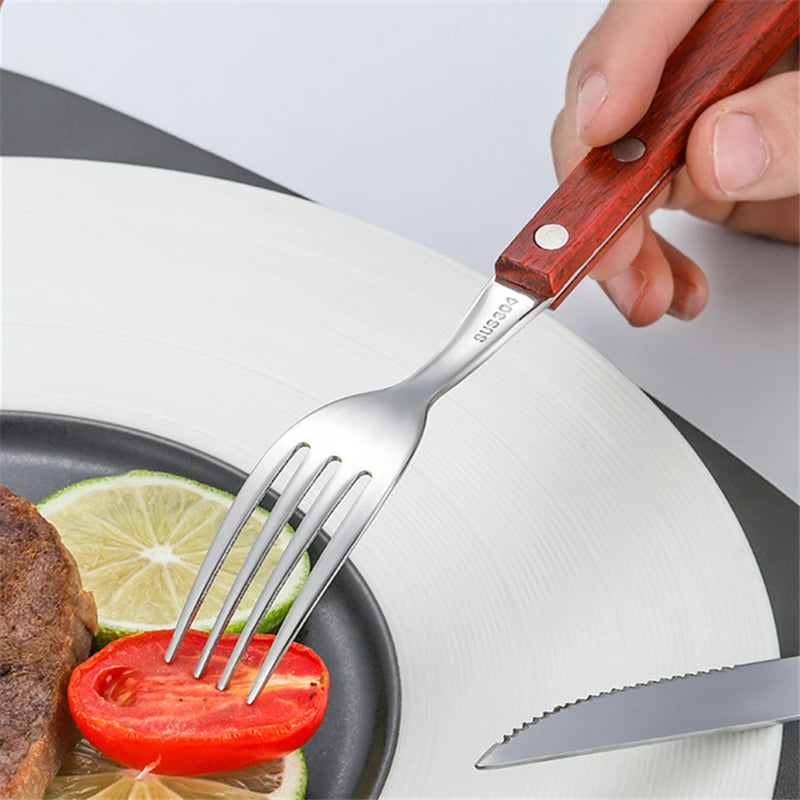 Stainless steel cutlery with wood handles – reusable knife, fork, and spoon for home or on the go