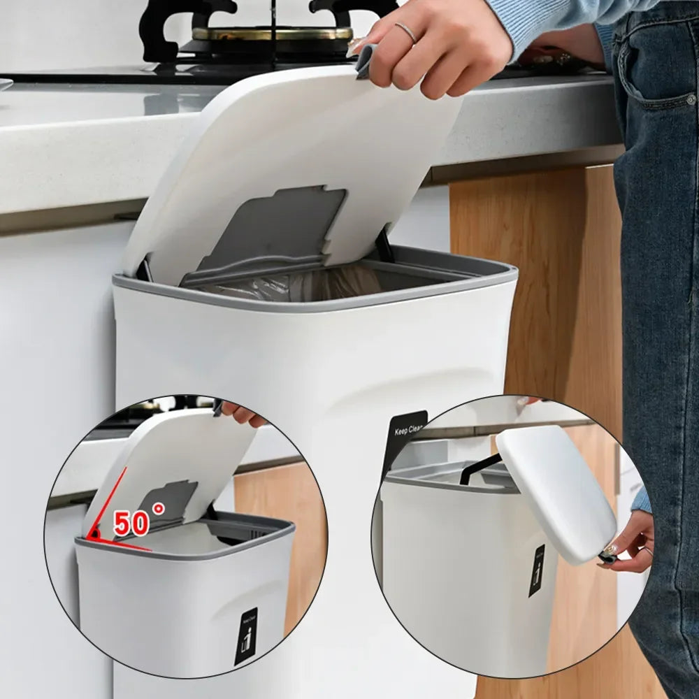 Space-saving kitchen bin with lid – hangs on cabinet door or wall. Ideal for trash and recycling.