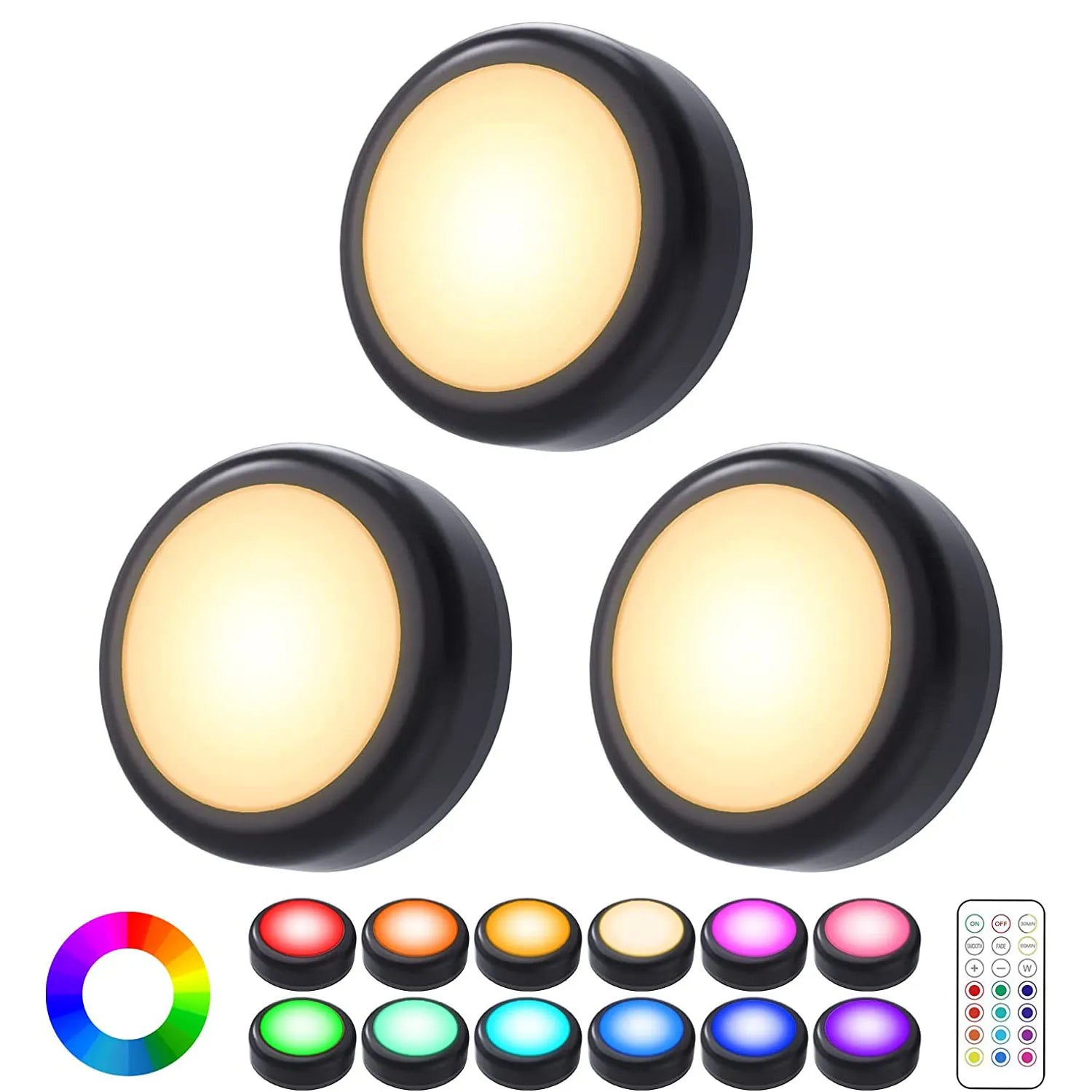 Wireless LED puck lights – dimmable, remote-controlled, perfect for cabinets and closets.