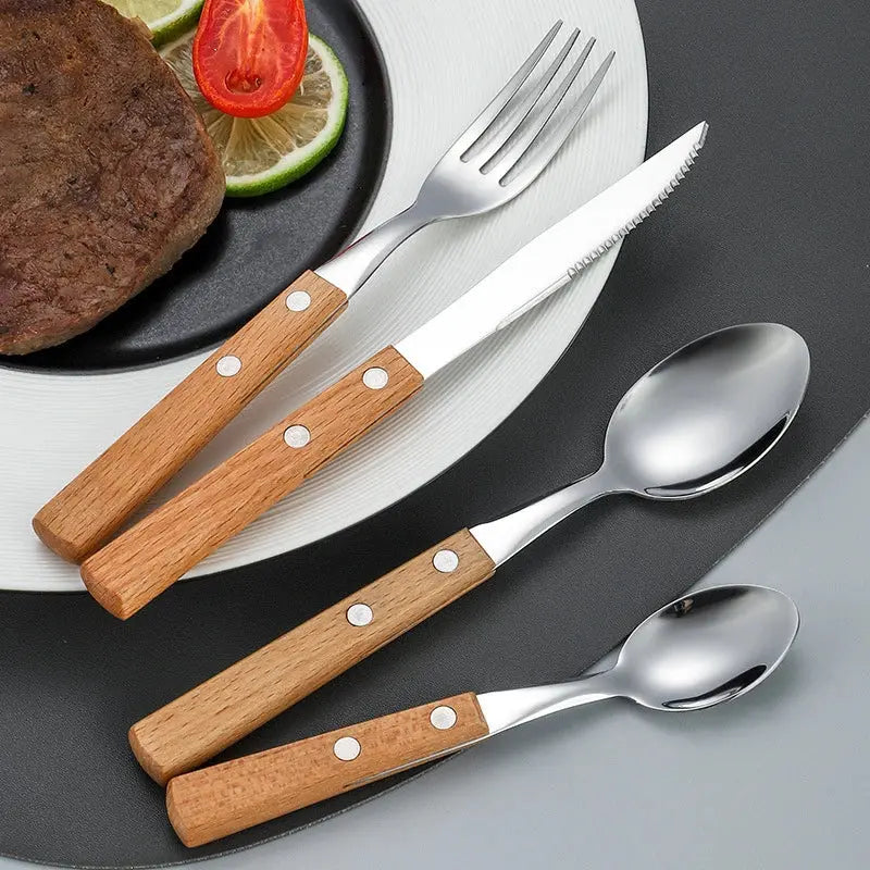 Stainless steel cutlery with wood handles – reusable knife, fork, and spoon for home or on the go A breathe of home