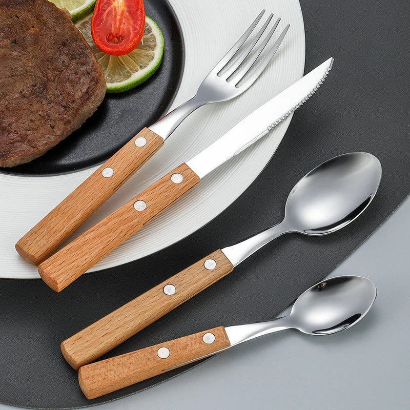 Stainless steel cutlery with wood handles – reusable knife, fork, and spoon for home or on the go