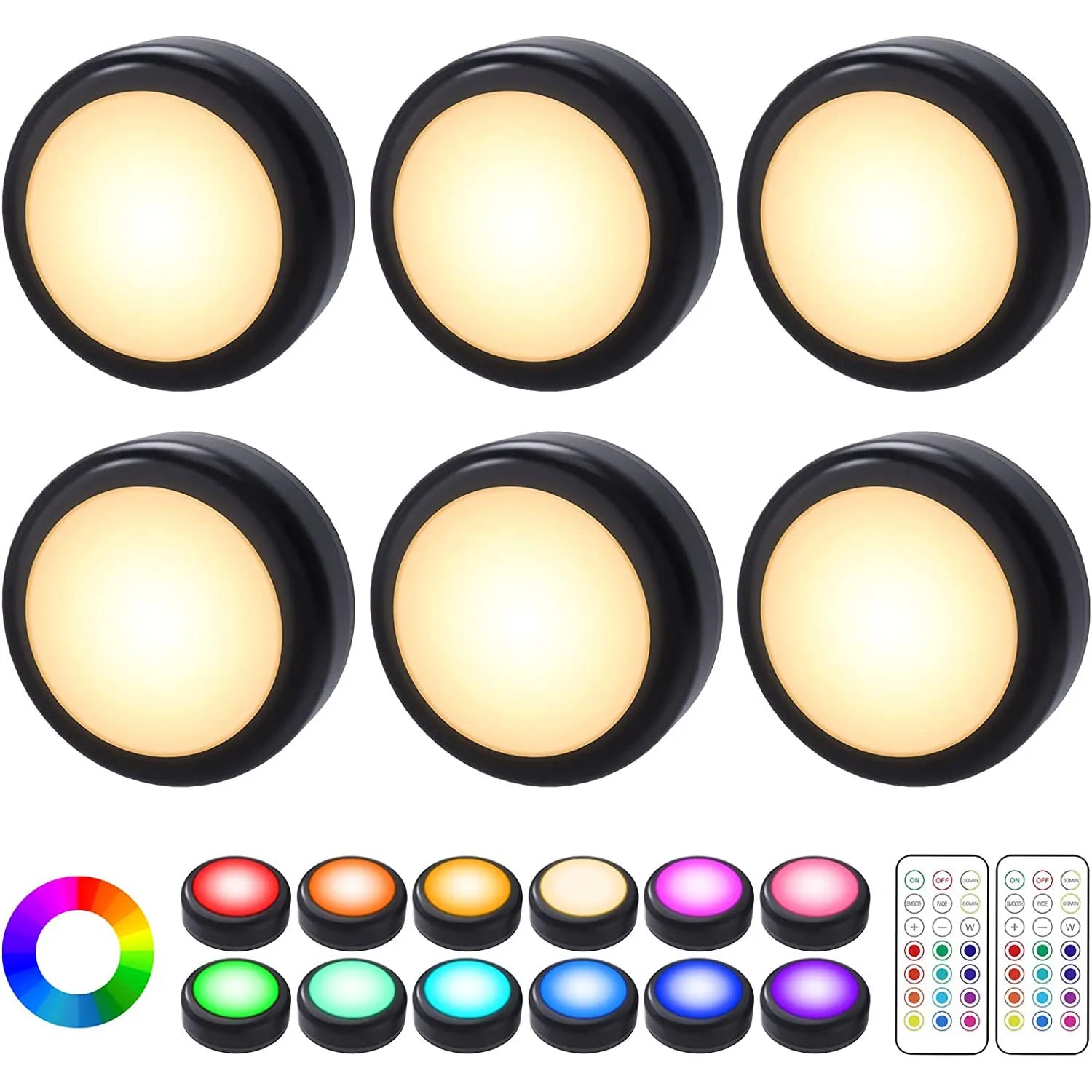Wireless LED puck lights – dimmable, remote-controlled, perfect for cabinets and closets.