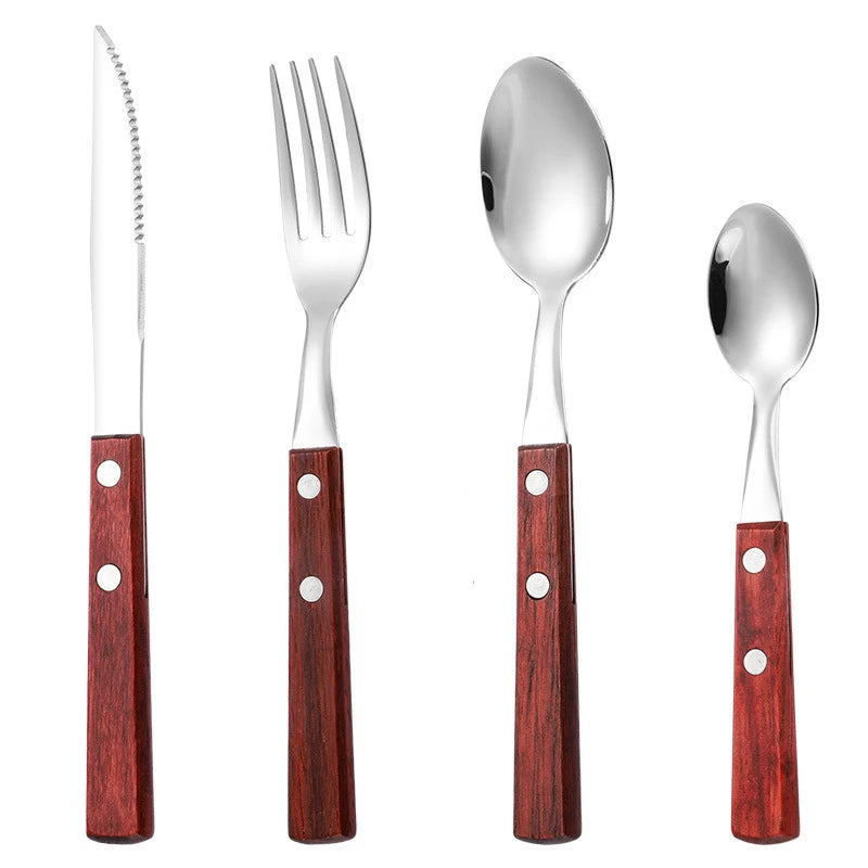Stainless steel cutlery with wood handles – reusable knife, fork, and spoon for home or on the go