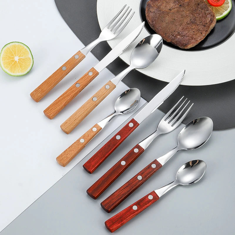 Stainless steel cutlery with wood handles – reusable knife, fork, and spoon for home or on the go
