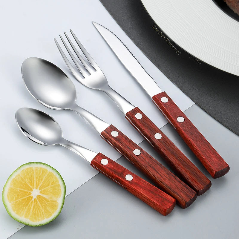 Stainless steel cutlery with wood handles – reusable knife, fork, and spoon for home or on the go
