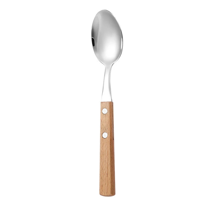 Stainless steel cutlery with wood handles – reusable knife, fork, and spoon for home or on the go