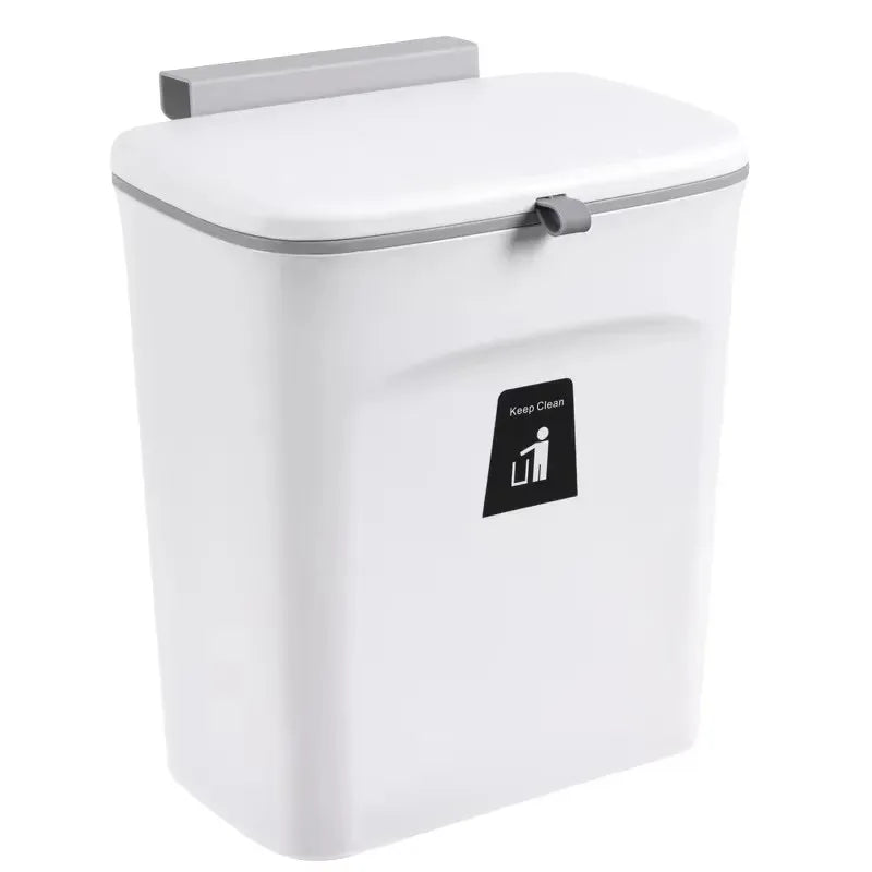 Space-saving kitchen bin with lid – hangs on cabinet door or wall. Ideal for trash and recycling.