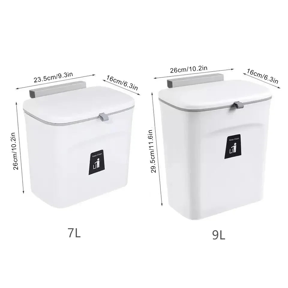 Space-saving kitchen bin with lid – hangs on cabinet door or wall. Ideal for trash and recycling.