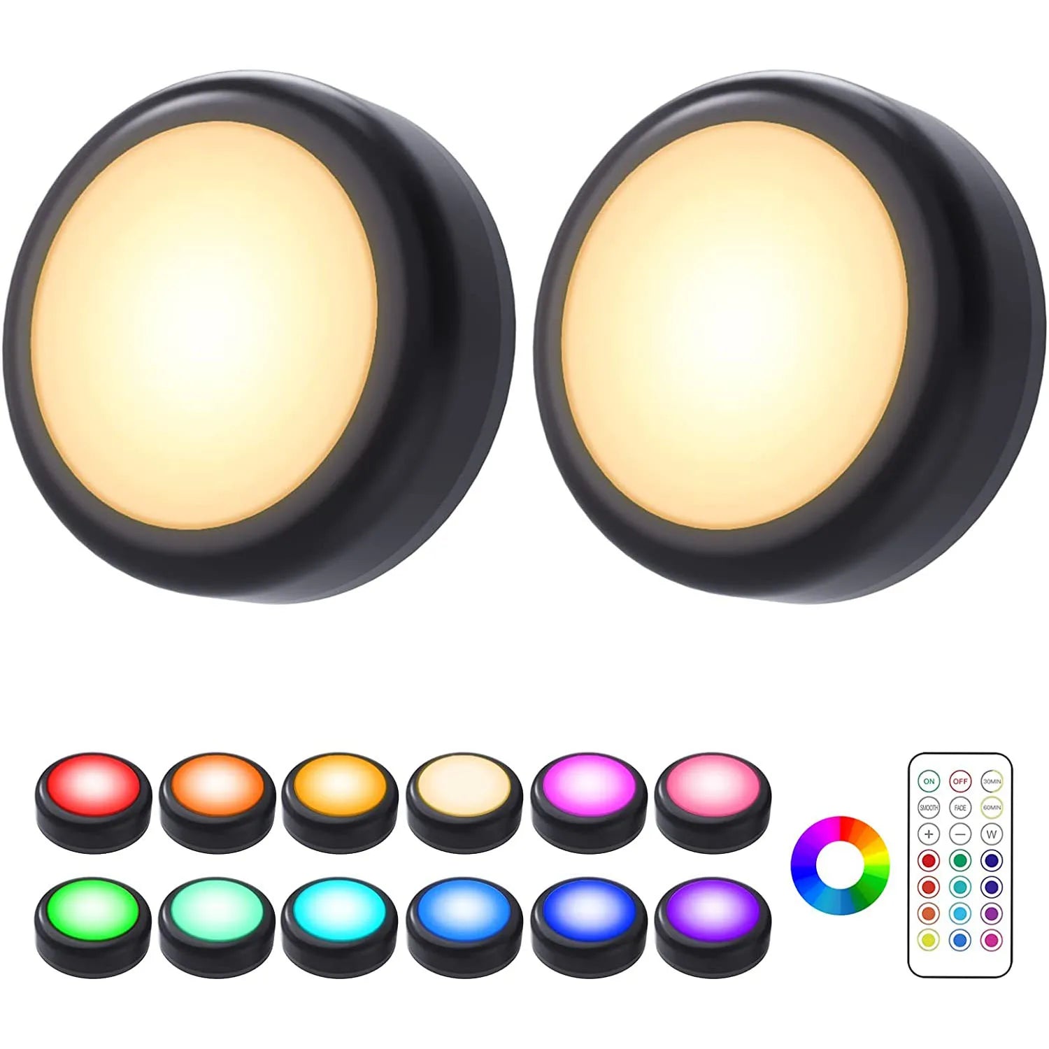 Wireless LED puck lights – dimmable, remote-controlled, perfect for cabinets and closets.