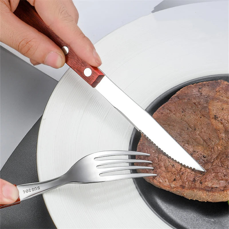 Stainless steel cutlery with wood handles – reusable knife, fork, and spoon for home or on the go