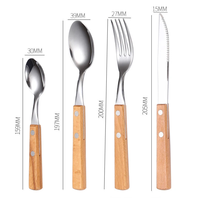 Stainless steel cutlery with wood handles – reusable knife, fork, and spoon for home or on the go