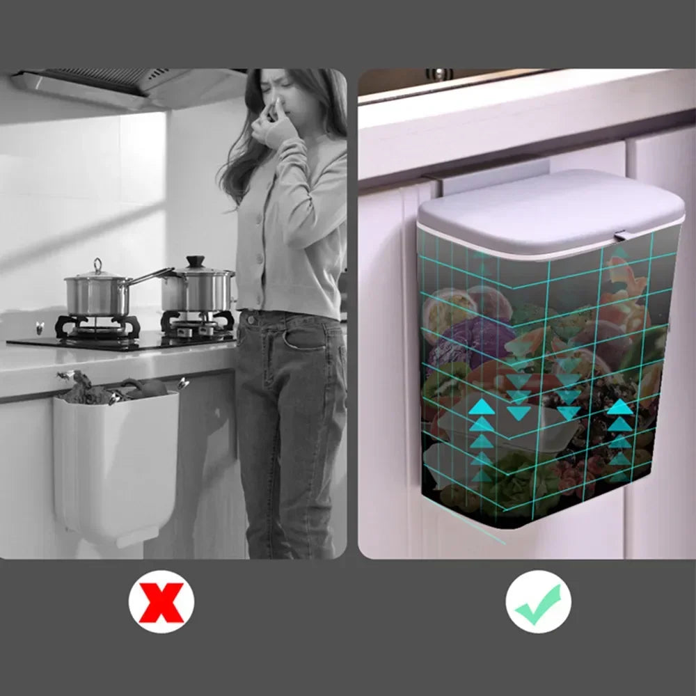 Space-saving kitchen bin with lid – hangs on cabinet door or wall. Ideal for trash and recycling.