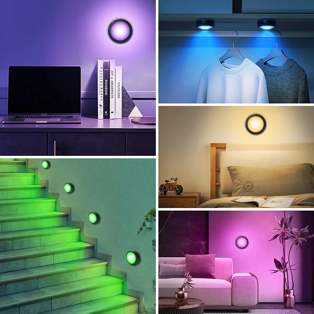 Wireless LED puck lights – dimmable, remote-controlled, perfect for cabinets and closets.