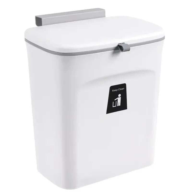 Space-saving kitchen bin with lid – hangs on cabinet door or wall. Ideal for trash and recycling.