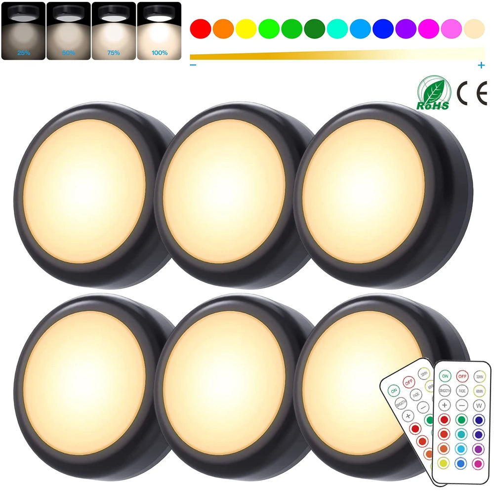 Wireless LED puck lights – dimmable, remote-controlled, perfect for cabinets and closets.