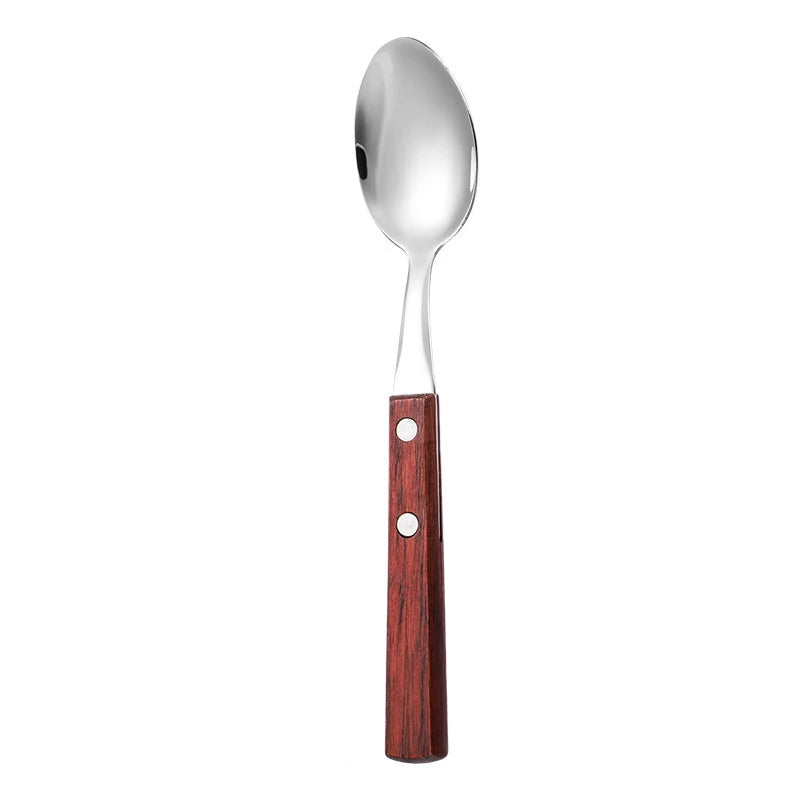 Stainless steel cutlery with wood handles – reusable knife, fork, and spoon for home or on the go