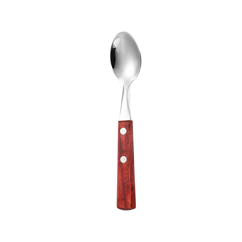 Stainless steel cutlery with wood handles – reusable knife, fork, and spoon for home or on the go