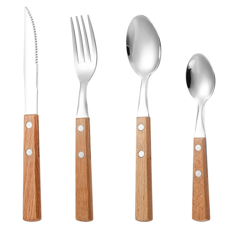 Stainless steel cutlery with wood handles – reusable knife, fork, and spoon for home or on the go