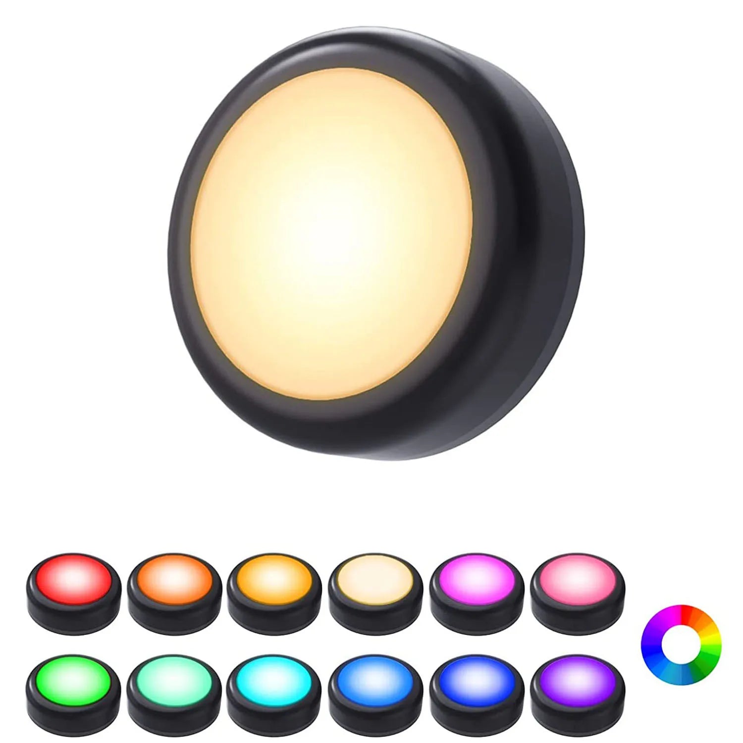 Wireless LED puck lights – dimmable, remote-controlled, perfect for cabinets and closets.