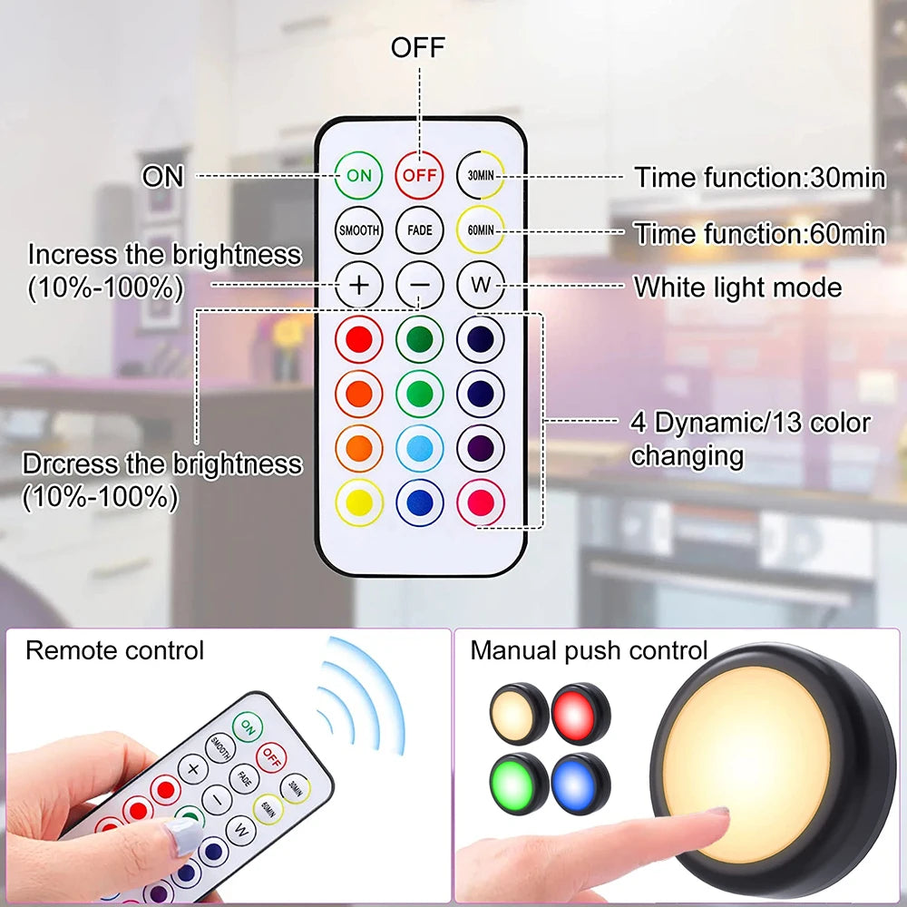 Wireless LED puck lights – dimmable, remote-controlled, perfect for cabinets and closets.