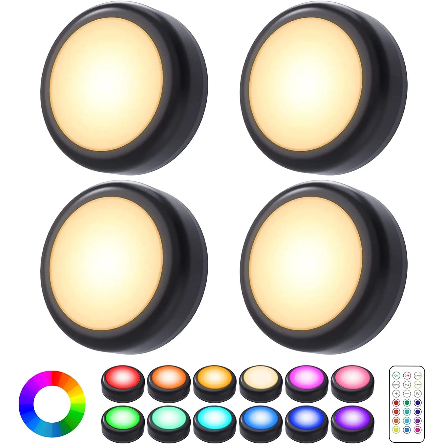 Wireless LED puck lights – dimmable, remote-controlled, perfect for cabinets and closets.
