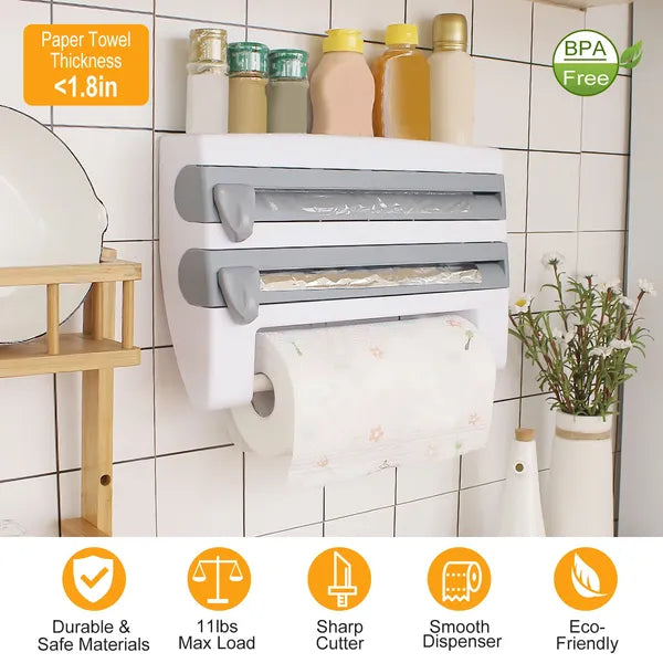 Kitchen Roll Dispenser Paper Roll Holder Plastic Wrap Film Foil Paper Organizer W/ Cutter Wall Mounted For Kitchen Bathroom A breathe of home