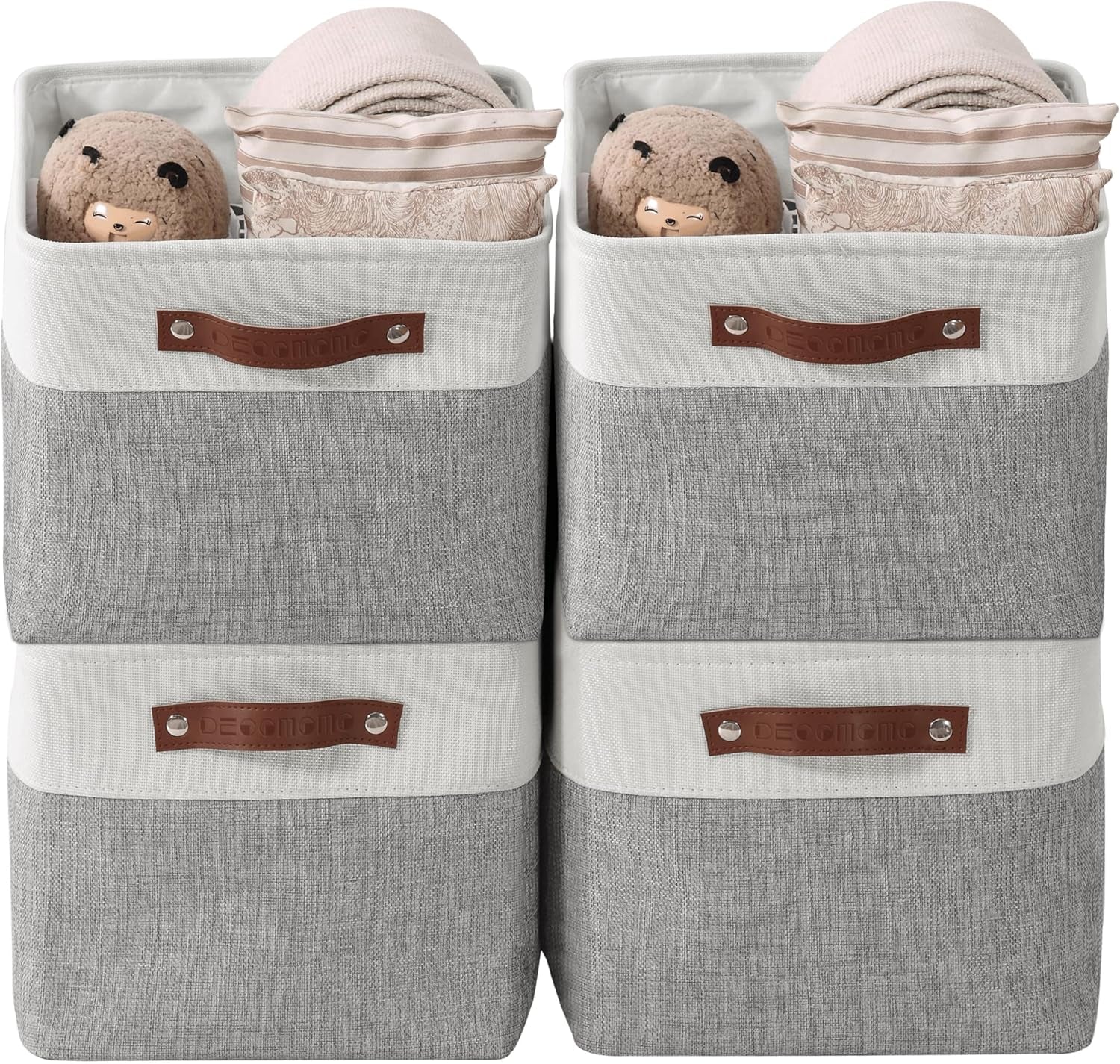 Storage Baskets for Shelves - Fabric Storage Bins, Linen Closet Organizers and Storage (Grey & White, Large - 4 Pack)