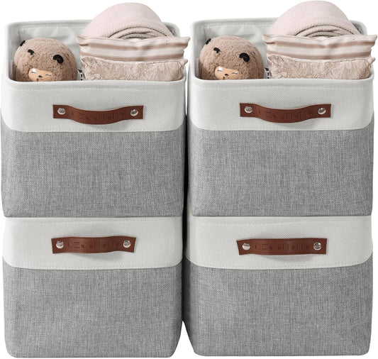 Storage Baskets for Shelves - Fabric Storage Bins, Linen Closet Organizers and Storage (Grey & White, Large - 4 Pack)